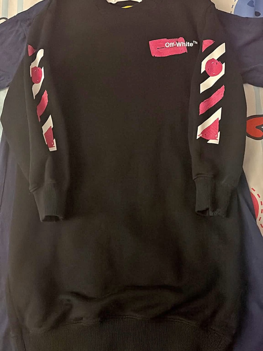 Off-White Black Crewneck Sweater with Pink and White Diagonals